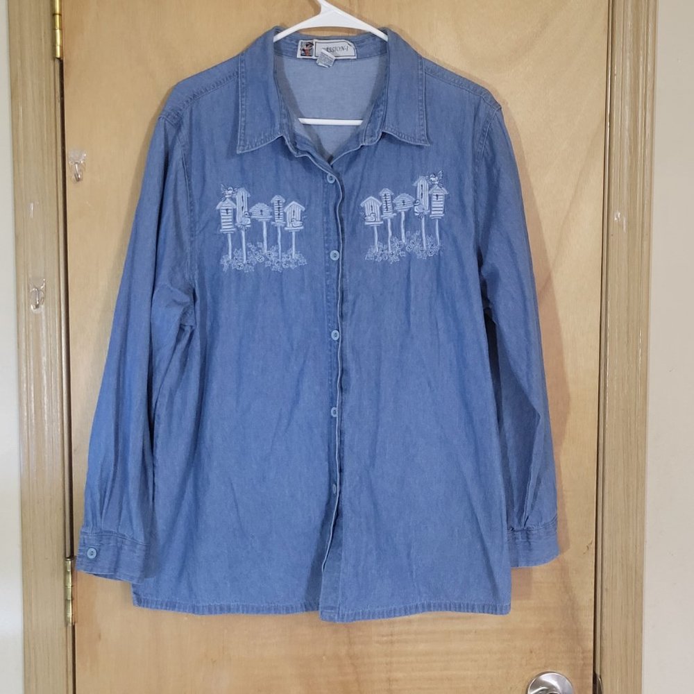 💜Passion-I XL Shirt Embroidered Birds & Homes Long Sleeve Button Up